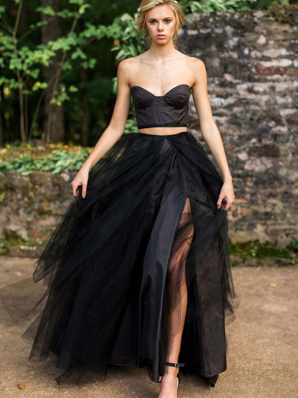 2 Pieces Black Tulle Sweetheart Long Prom Dresses