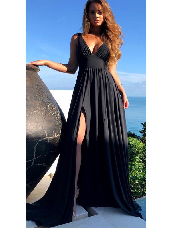 V-neck Black Jersey Side Slit Long Aline Prom Dresses