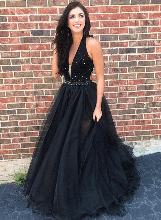 V-neck Black Lace Tulle Beaded Prom Dresses