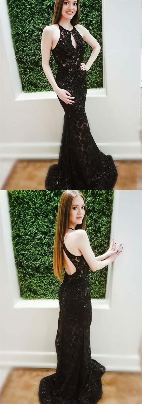 Sexy Black Mermaid Lace Beaded Prom Dresses