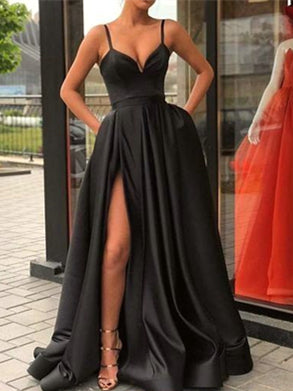 Spaghetti Long A-line Side Slit Black Satin Prom Dresses