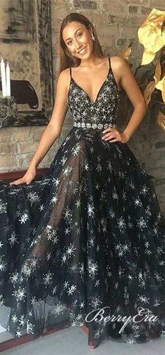 V-neck Long A-line Black Firework Chiffon Prom Dresses, Chic Prom Dresses, Long Prom Dresses