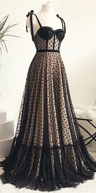 Black Polka Dots A-line Prom Dresses, 2021 Prom Dresses, Newest Prom Dresses, Cheap Prom Dresses