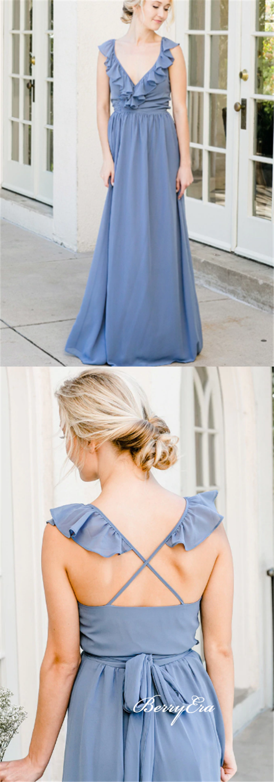 V-neck Ruffled A-line Blue Bridesmaid Dresses