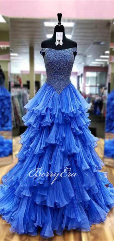 Off Shoulder Beaded Chiffon Prom Dresses, Princess Ball Gown, Popular Prom Dresses