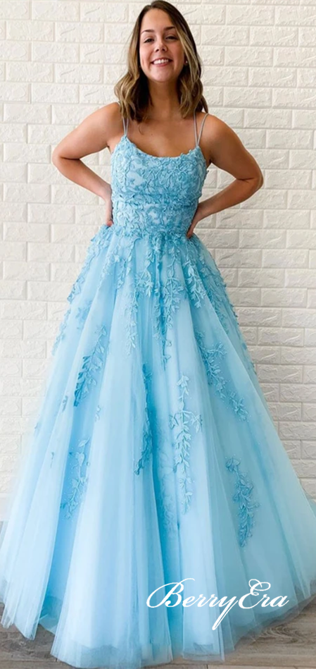 2021 Popular Blue Lace Prom Dresses, A-line Prom Dresses, Lace Prom Dresses