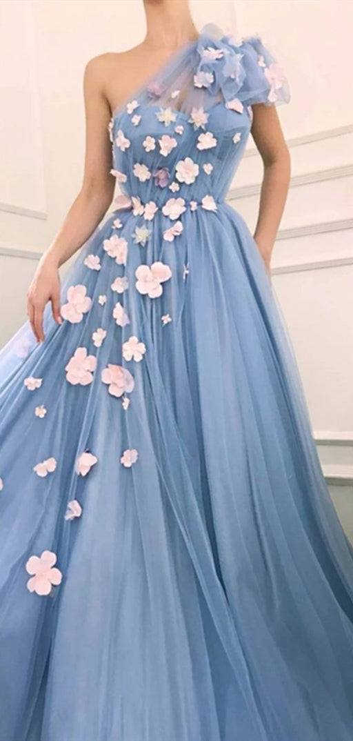 One Shoulder Long A-line Blue Tulle Prom Dresses, 3D Flowers Prom Dresses, 2020 Long Prom Dresses