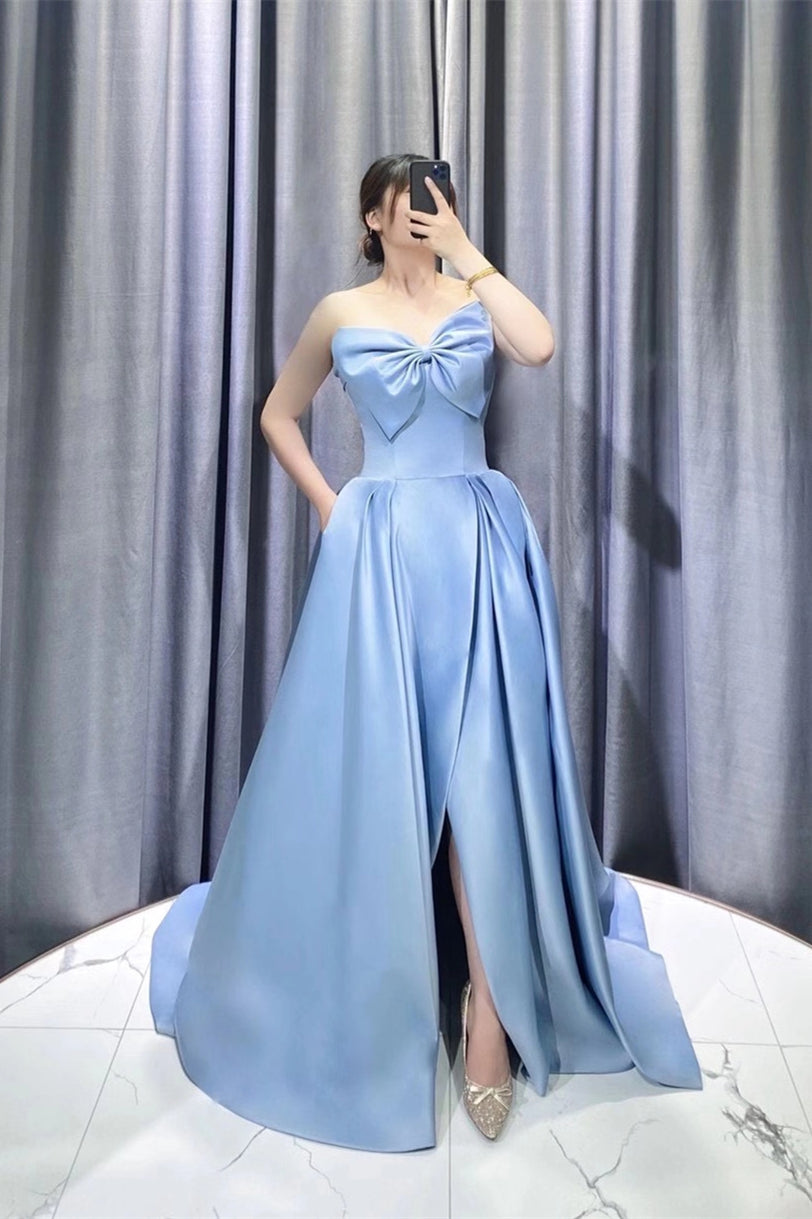 Strapless Blue Satin Prom Dresses, A-line Prom Dresses, 2021 Prom Dresses, Newest Prom Dresses