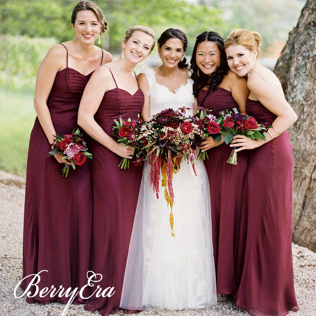 Spaghetti Chiffon Maroon Sheath Long Bridesmaid Dresses