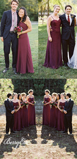 Spaghetti Chiffon Maroon Sheath Long Bridesmaid Dresses