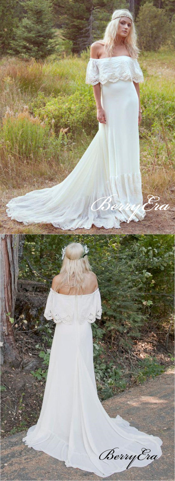 Off Shoulder Long Sheath Lace Boho Wedding Dresses