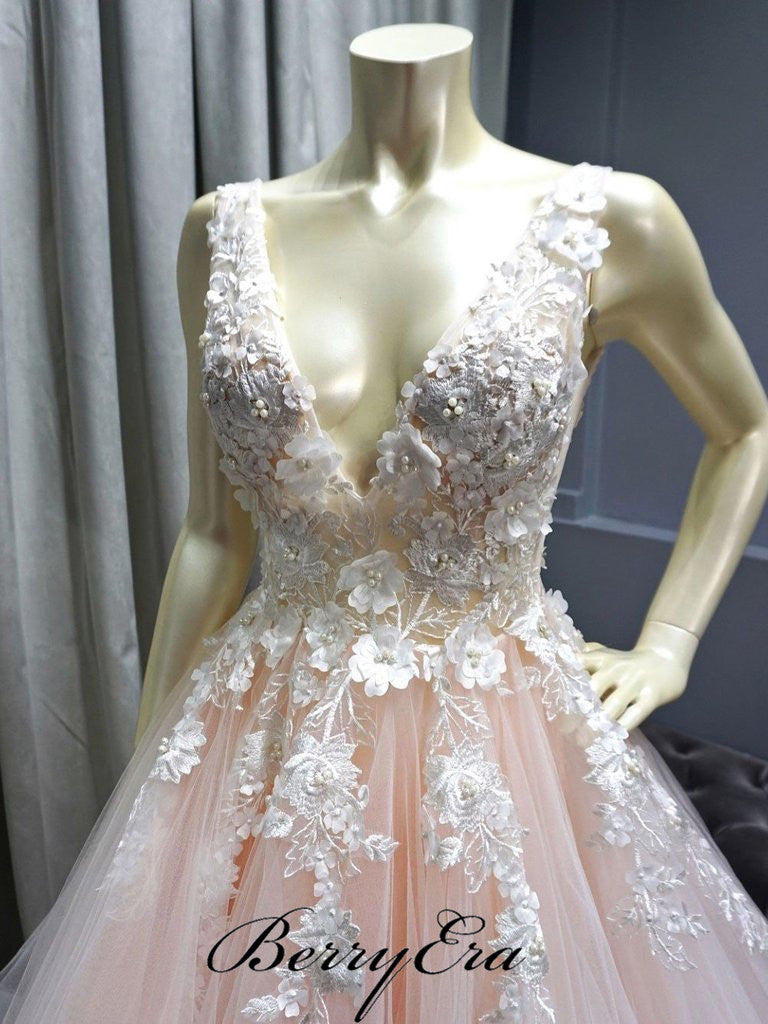 V-neck Lace Top Beaded A-line Pale Pink Prom Dresses