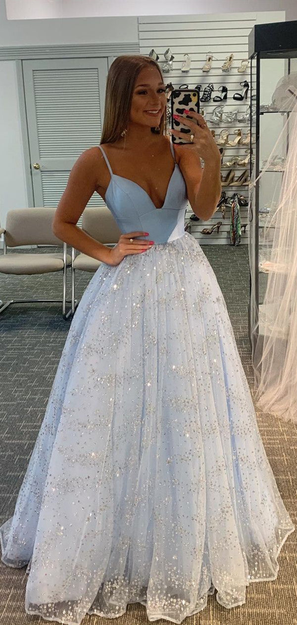 Spaghetti Straps V Neck Shiny Long Prom Dresses, Newest A Line 2021 Prom Dresses