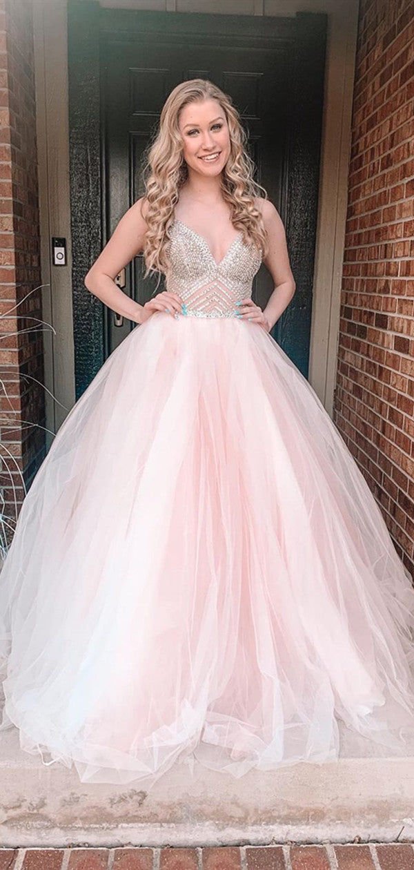 Open Back A Line Tulle Long Prom Dresses, Fashion V Neck 2021 Prom Dresses Long