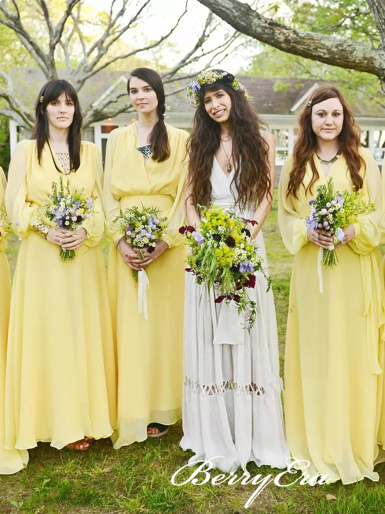 Long Sleeves A-ine Yellow Chiffon Boho Wedding Bridesmaid Dresses