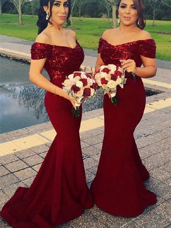 Off Shoulder Mermaid Sequin Top Bridesmaid Dresses, Long Bridesmaid Dresses