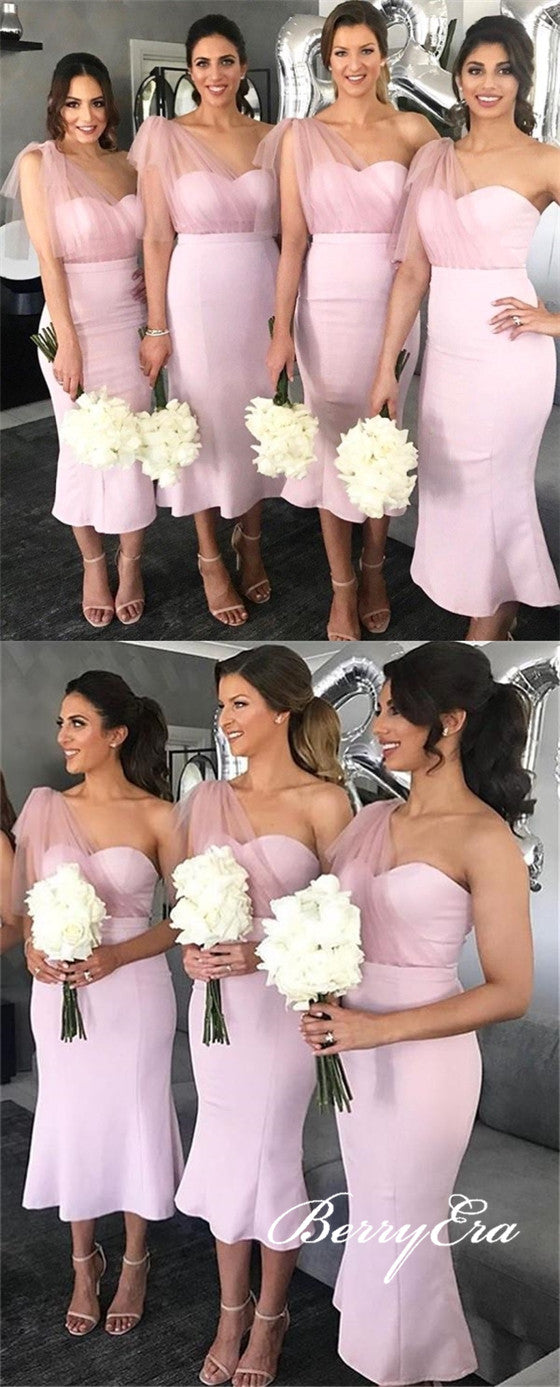 One Shoulder Long Mermaid Pink Bridesmaid Dresses, Lovely Bridesmaid Dresses, Cheap Bridesmaid Dresses