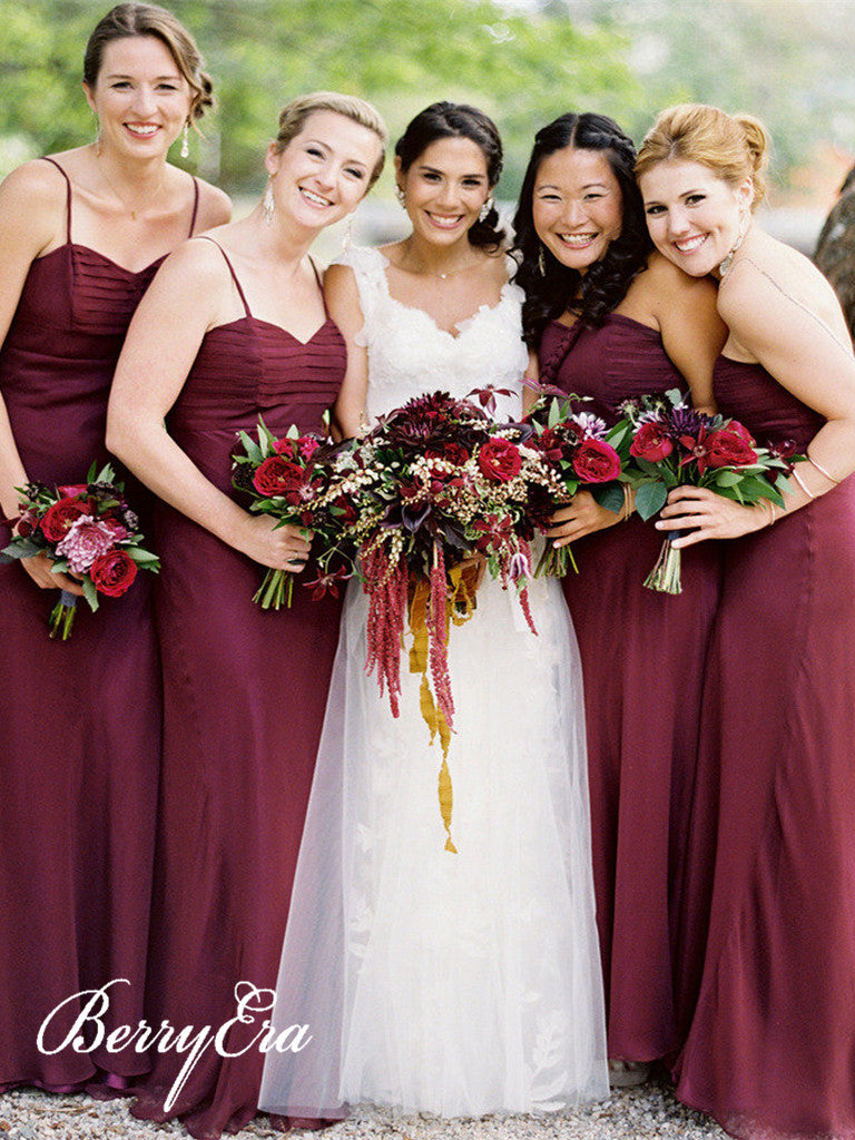 Spaghetti Chiffon Maroon Sheath Long Bridesmaid Dresses