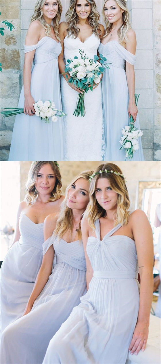 Mismatched Long Light Blue Chiffon Bridesmaid Dresses, Wedding Party Dresses