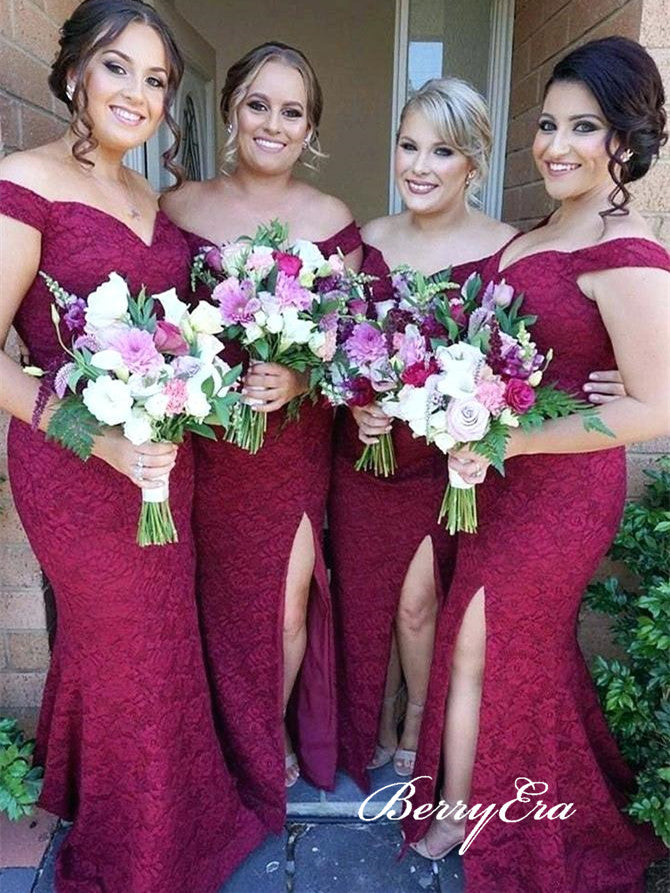 Off Shoulder Long Mermaid Lace Bridesmaid Dresses, Side Slit Bridesmaid Dresses