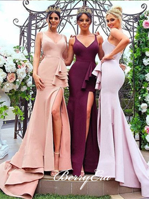 Simple Jersey Long Mermaid Side Slit Bridesmaid Dresses