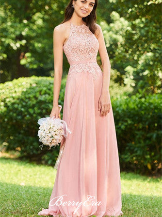 Pink Lace Top Chiffon Long Bridesmaid Dresses, Lovely Bridesmaid Dresses