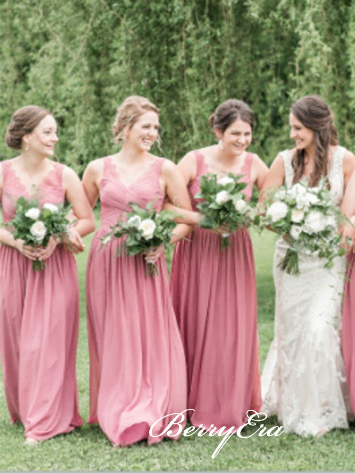 V-neck Dusty Rose Lace Chiffon A-line Bridesmaid Dresses