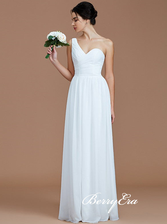 One Shoulder White Chiffon A-line Bridesmaid Dresses