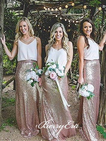 Simple V-neck Boho Style Long Sequin Bridesmaid Dresses