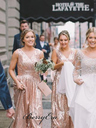 V-neck Long A-line Sequin Bridesmaid Dresses, Shiny Bridesmaid Dresses