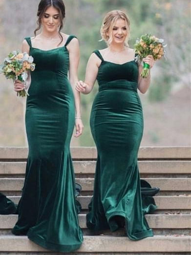 Straps Long Mermaid Emerald Green Bridesmaid Dresses, Velvet Bridesmaid Dresses