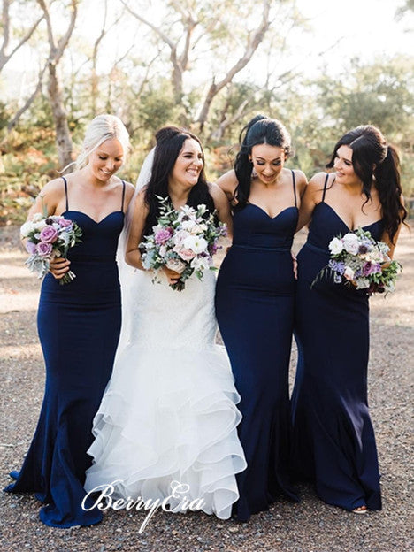 Spaghetti Navy Mermaid Jersey Bridesmaid Dresses, Long Bridesmaid Dresses