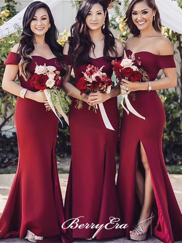 Off Shoulder Long Mermaid Burgundy Side Slit Bridesmaid Dresses