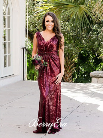 V-neck Burgundy Sequin Bridesmaid Dresses, Popular Bridesmaid Dresses