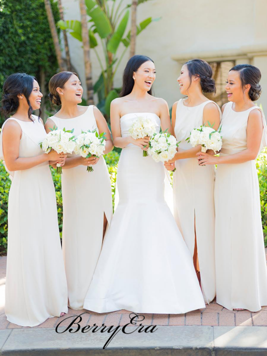 Side Slit Sheath Ivory Long Bridesmaid Dresses, V-back Bridesmaid Dresses