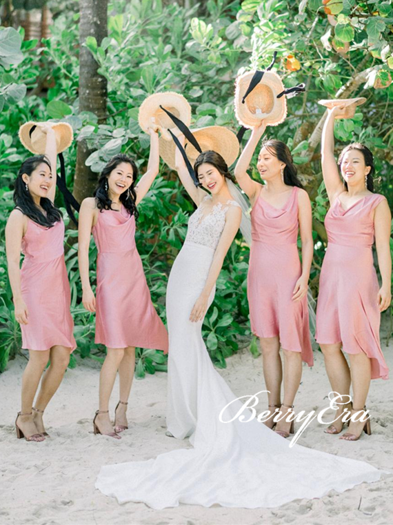 Romantic Short Beach Wedding Elastic Satin Bridesmaid Dresses