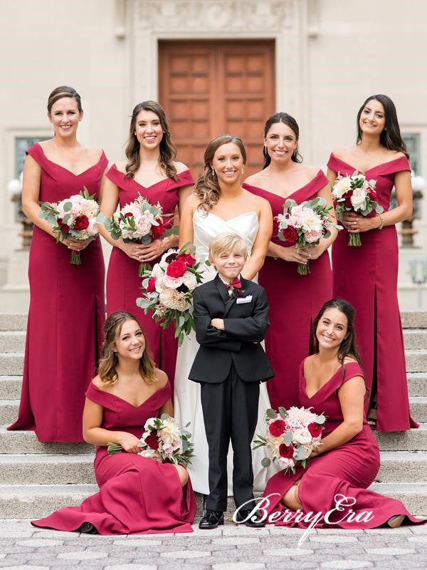 Off Shoulder Burgundy Jersey Bridesmaid Dresses, Long Bridesmaid Dresses