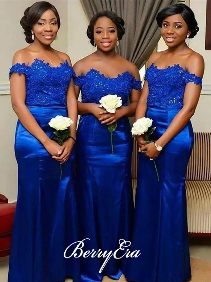 Off Shoulder Lace Top Royal Blue Sheath Long Bridesmaid Dresses