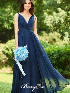 V-neck Navy Chiffon A-line Bridesmaid Dresses, Simple Bridesmaid Dresses