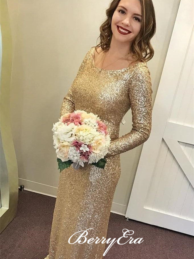 Long Sleeves Scoop Sheath Gold Sequin Bridesmaid Dresses