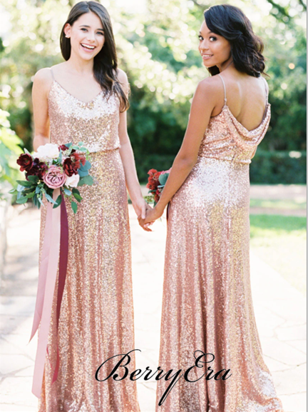 Spaghetti Long Sheath Sequin Bridesmaid Dresses, Long Bridesmaid Dresses