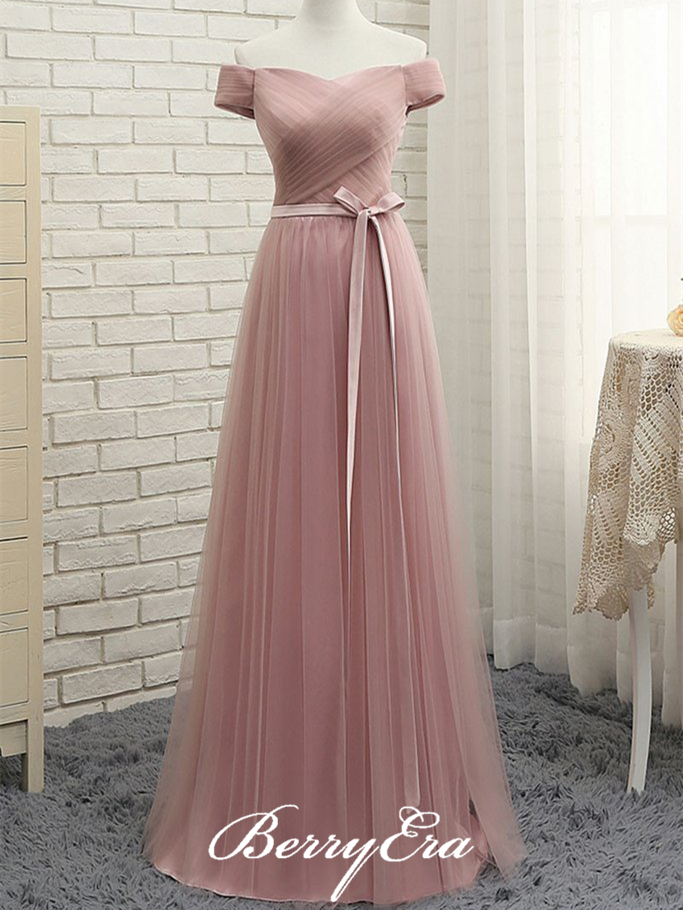Off Shuolder Long A-line Dusty Pink Tulle Bridesmaid Dresses