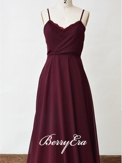 Spaghetti Maroon Long A-line Chiffon Lace Bridesmaid Dresses