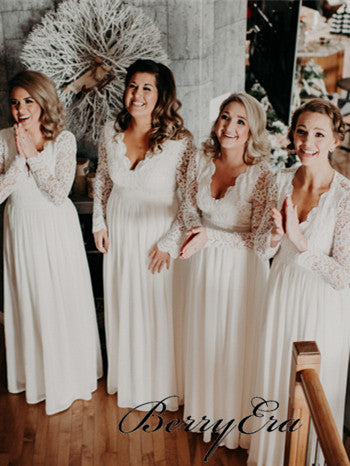 V-neck Long Sleeves Lace Chiffon Bridesmaid Dresses, Open Back Bridesmaid Dresses