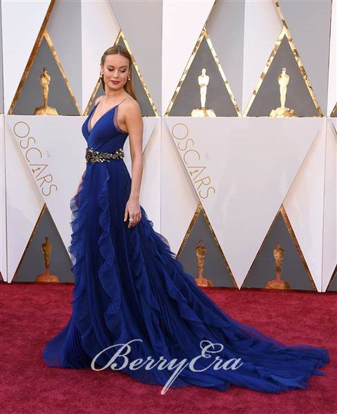 Brie Larson Navy Chiffon A-line Dresses, Popular Prom Dresses, Long Prom Dresses(No Belt)