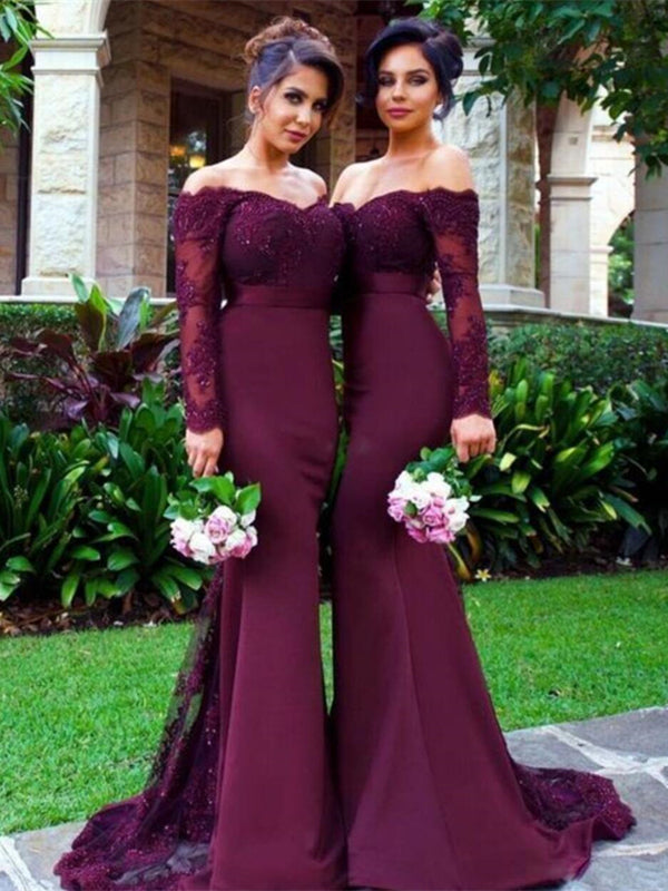 Off Shoulder Long Mermaid Lace Beaded Bridesmaid Dresses, Cheap Bridesmaid Dresses