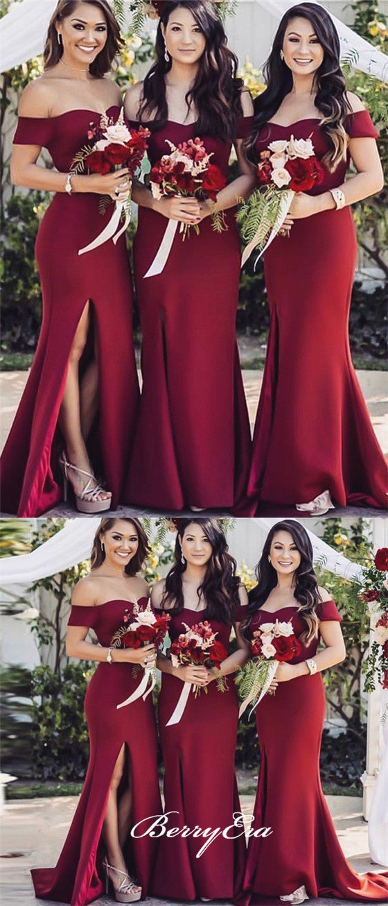 Off Shoulder Long Mermaid Burgundy Side Slit Bridesmaid Dresses