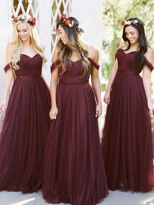 Off Shoulder Dark Red Tulle Bridesmaid Dresses, Long Bridesmaid Dresses