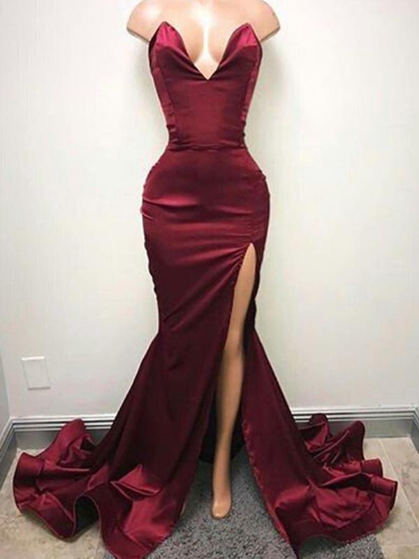 Sexy Mermaid Long Side Slit Silk Like Satin Prom Dresses