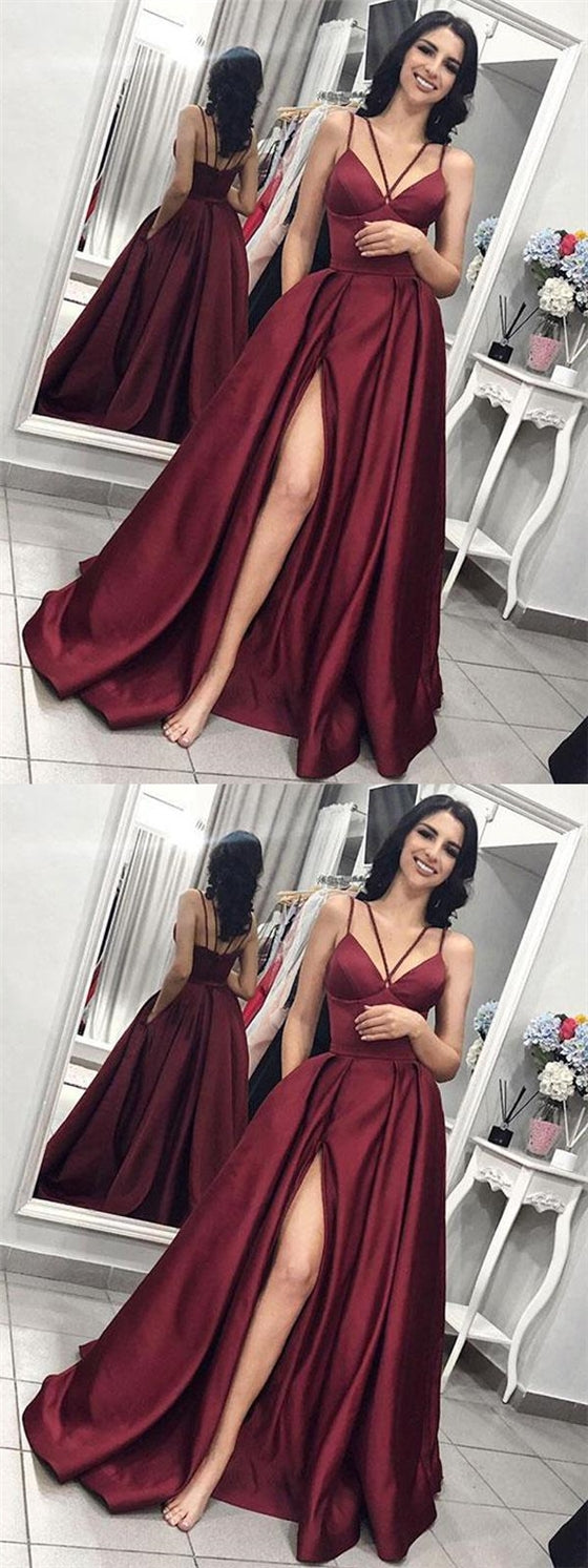 Long A-line Side Slit Satin Prom Dresses